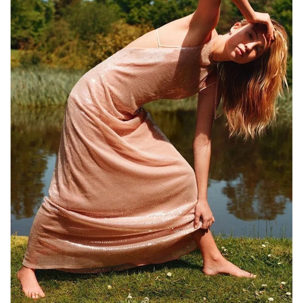 ZARA‎ NWOT Sequin Long Open Back Halter Dress Size Medium